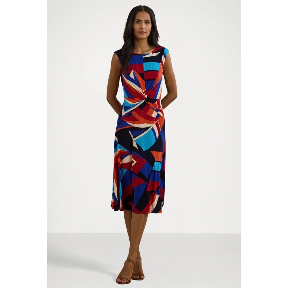 Lauren Ralph Lauren Geometric Abstract Twist Front Midi Dress Blue Red Size 2